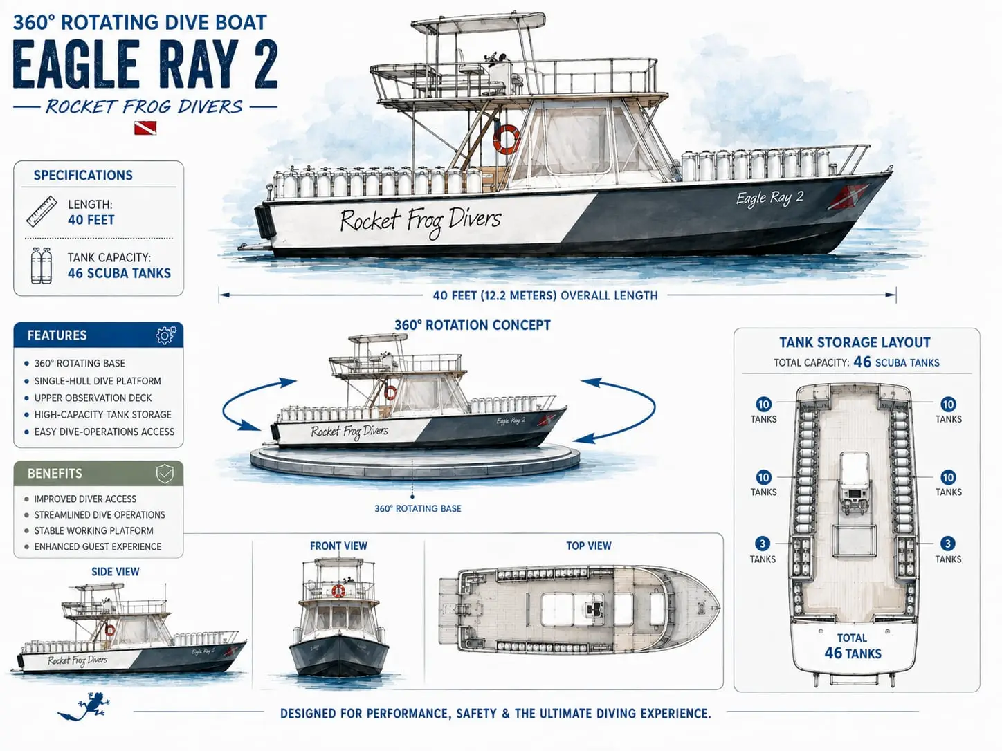 Eagle Ray 2, a 40-foot Rocket Frog Divers dive boat with an upper observation deck in Playas del Coco