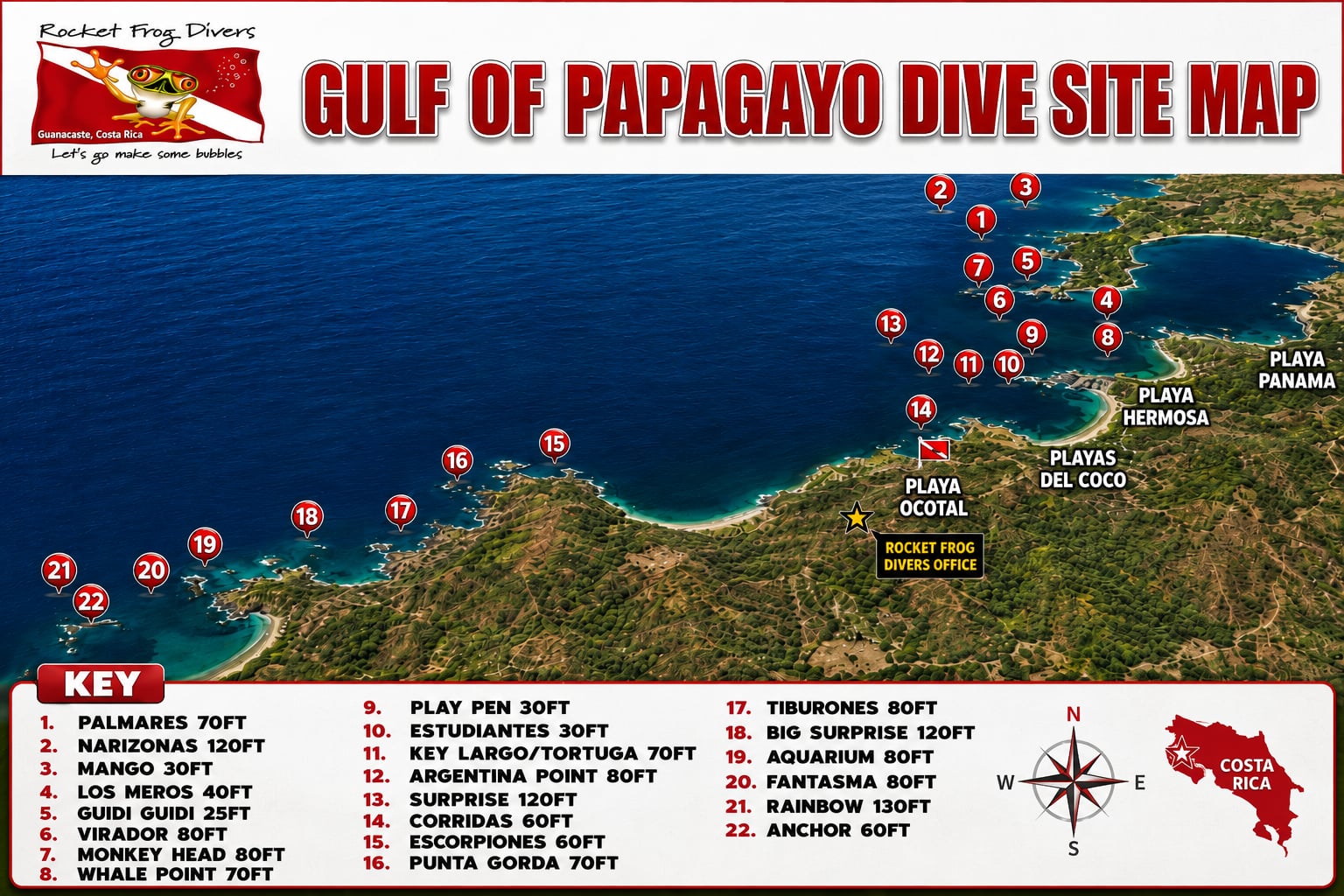 Gulf de Papagayo local dive sites map, Playas del Coco, Costa Rica